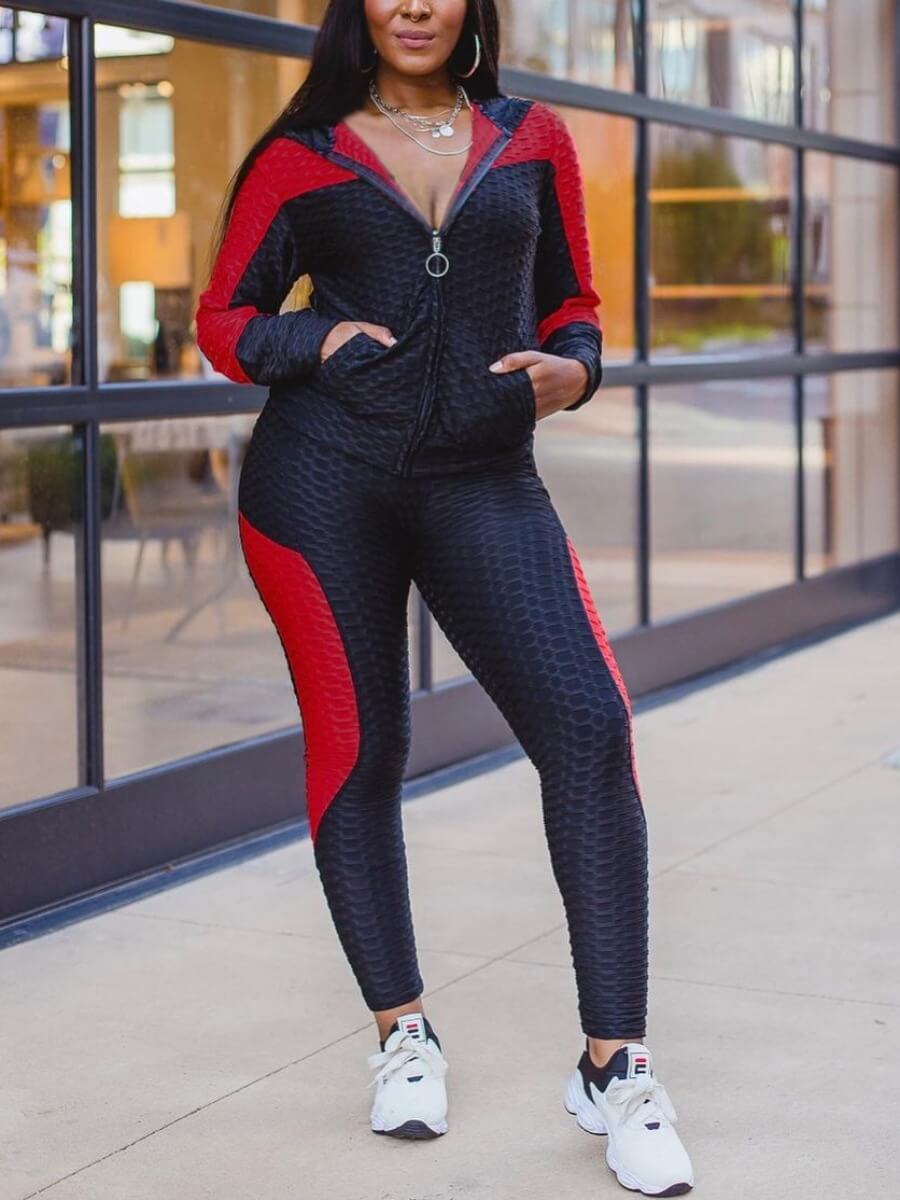 

Lovely Sportswear Hooded Collar Long Sleeve Red Two Piece Pants Set