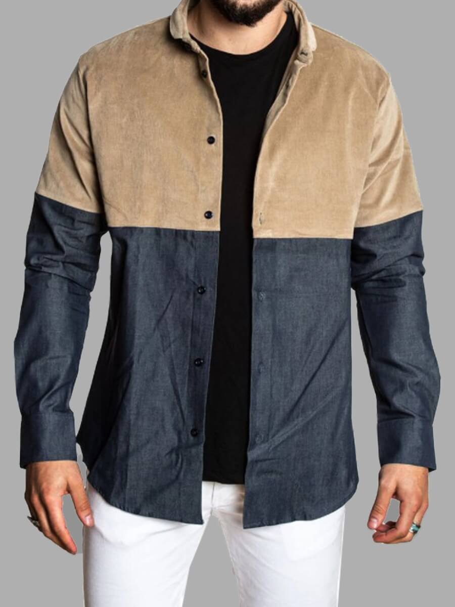 

Lovely Trendy Turndown Collar Patchwork Blue Men Shirt
