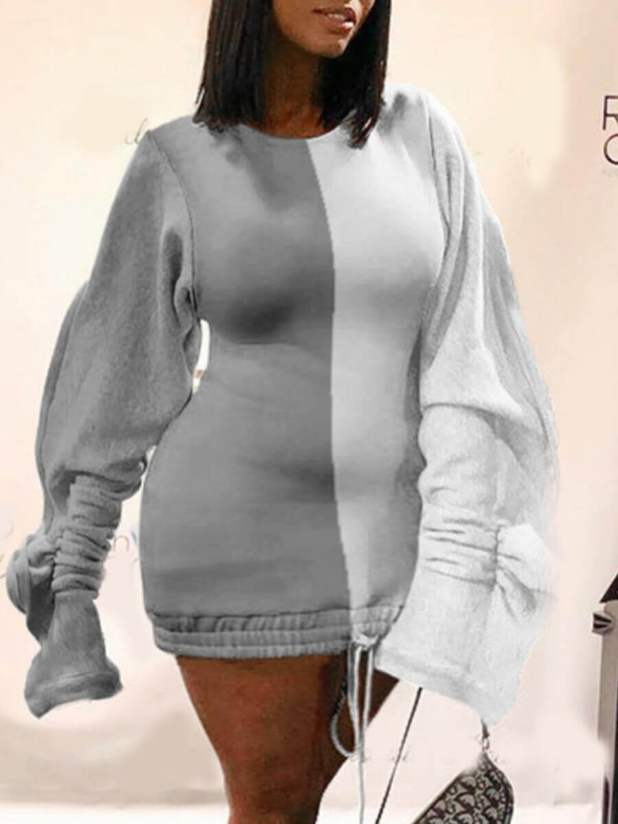 

Lovely Casual O Neck Drawstring Design Grey Mini Plus Size Dress