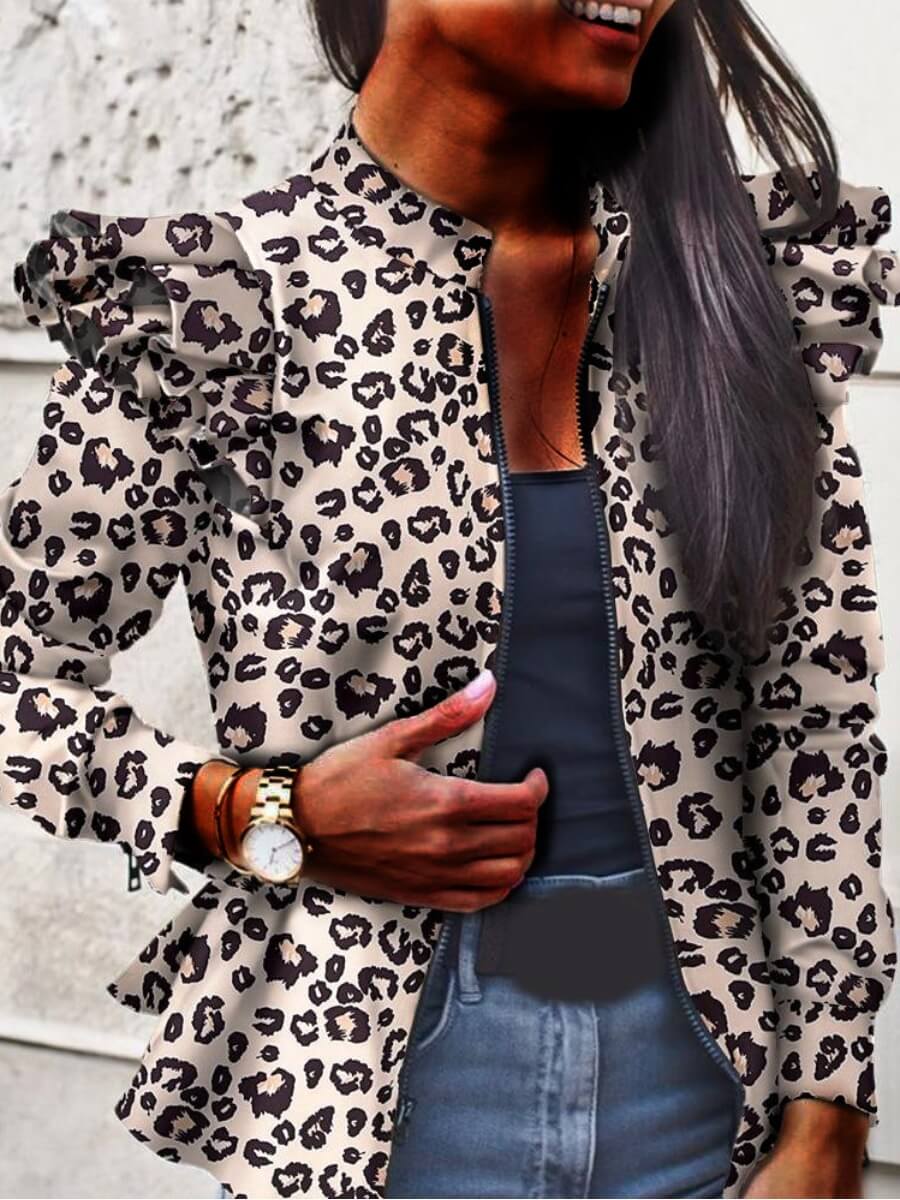 

Lovely Trendy Leopard Print Flounce Design Coat