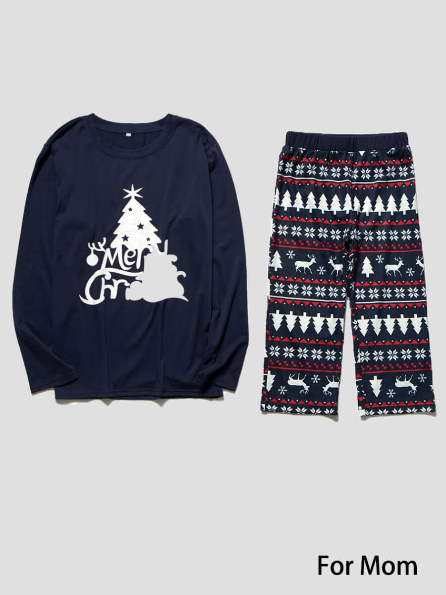 

Lovely Family O Neck Print Dark Blue Mom Two-piece Pants Set, Women