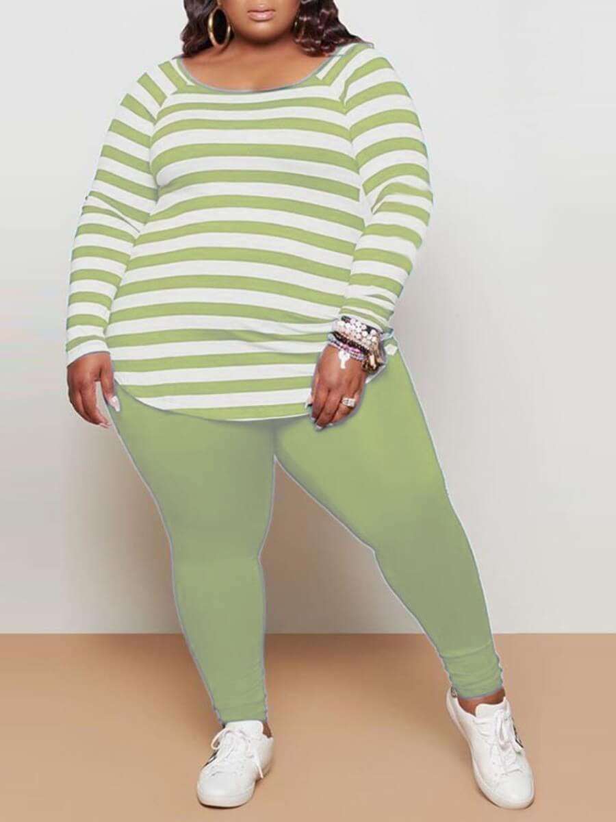 

Lovely Casual Boat Neck Long Sleeve Striped Green Plus Size Two-piece Pants Set