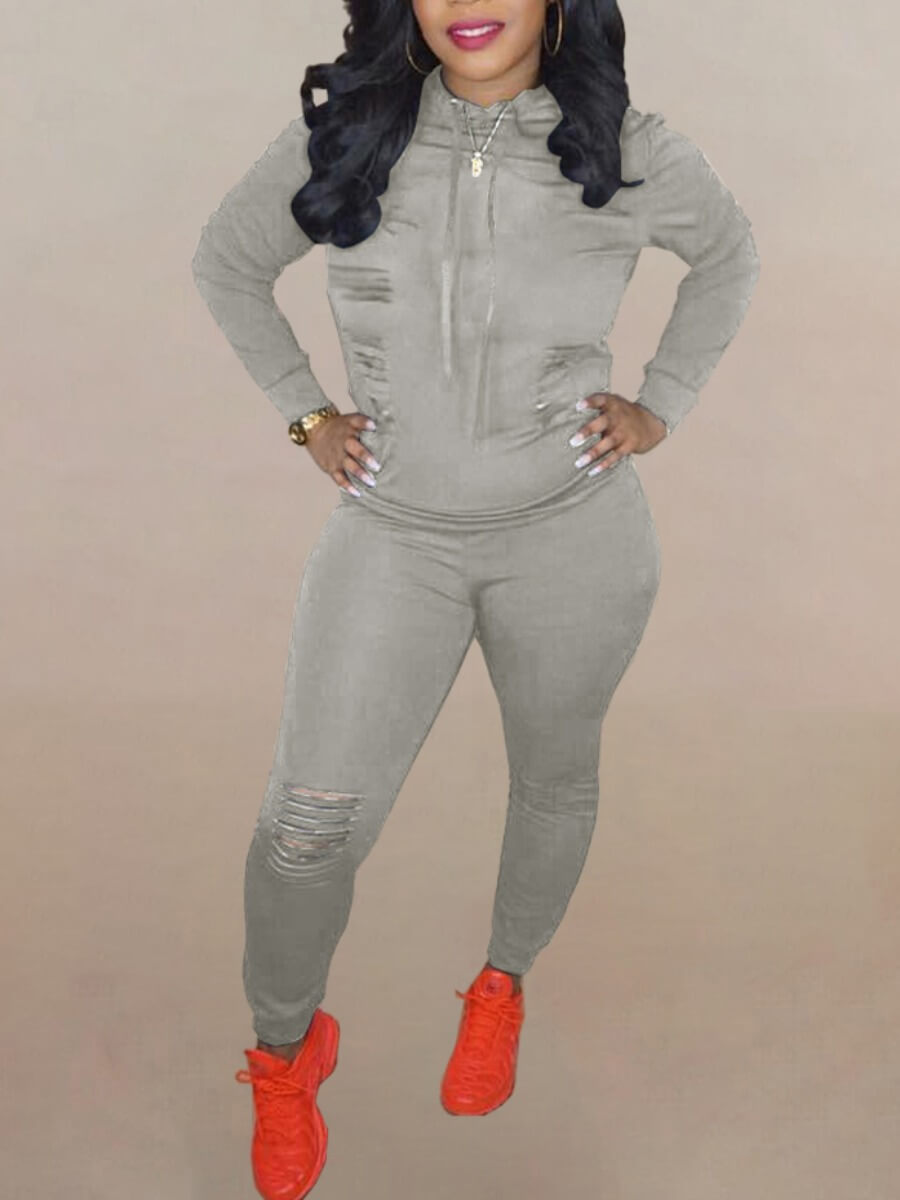 

Lovely Casual Hooded Collar Zipper Design Broken Holes Grey Two Piece Pants Set