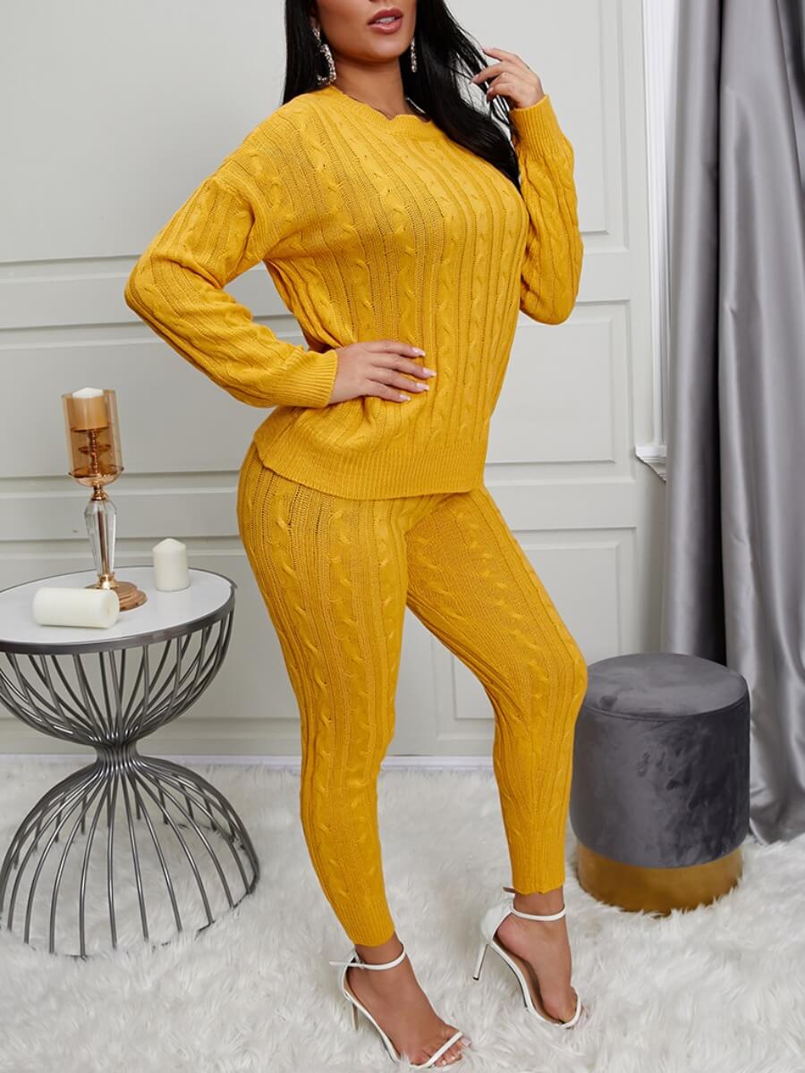 

Lovely Casual O Neck Long Sleeve Striped Yellow Two-piece Pants Set