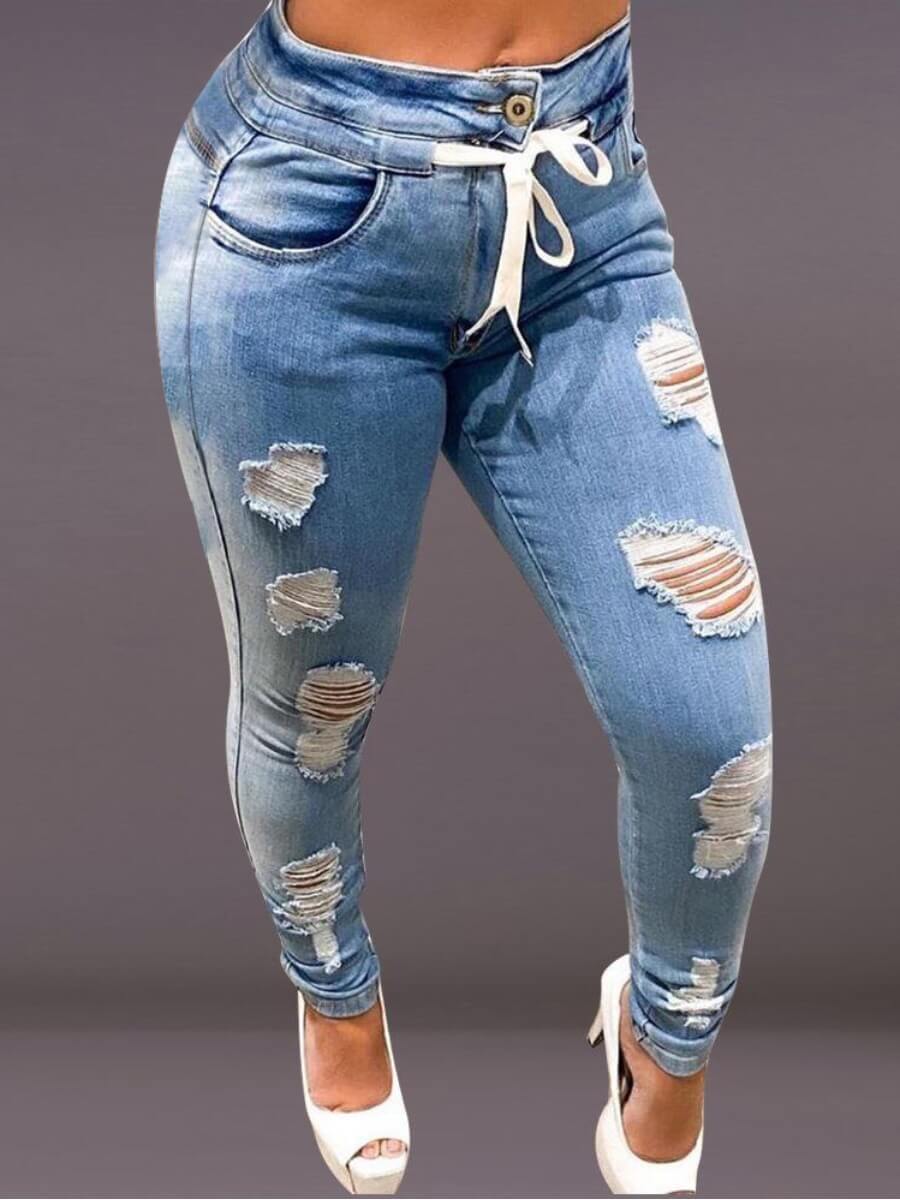 

Lovely Trendy Broken Holes Baby Blue Jeans