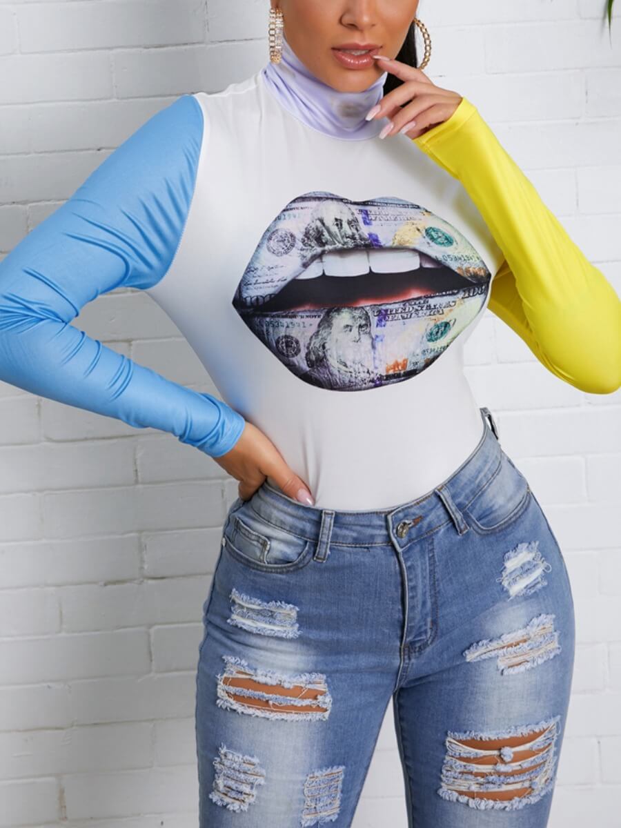 

Lovely Street Turtleneck Lip Print Patchwork Multicolor T-shirt, Multi