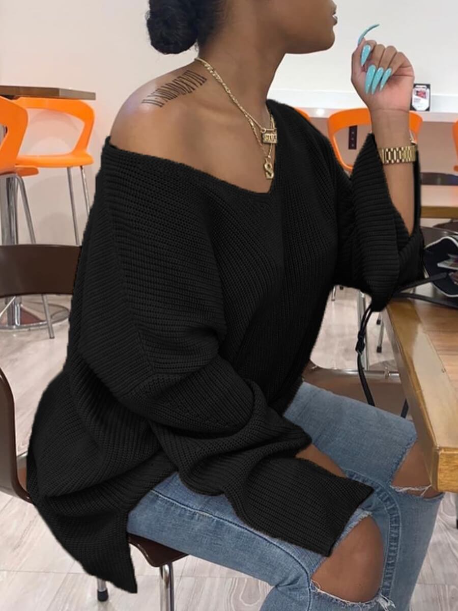 

Lovely Leisure V Neck Long Sleeve Loose Black Sweater