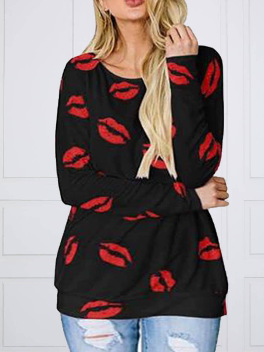 

Lovely Casual O Neck Lip Print Red Plus Size Hoodie