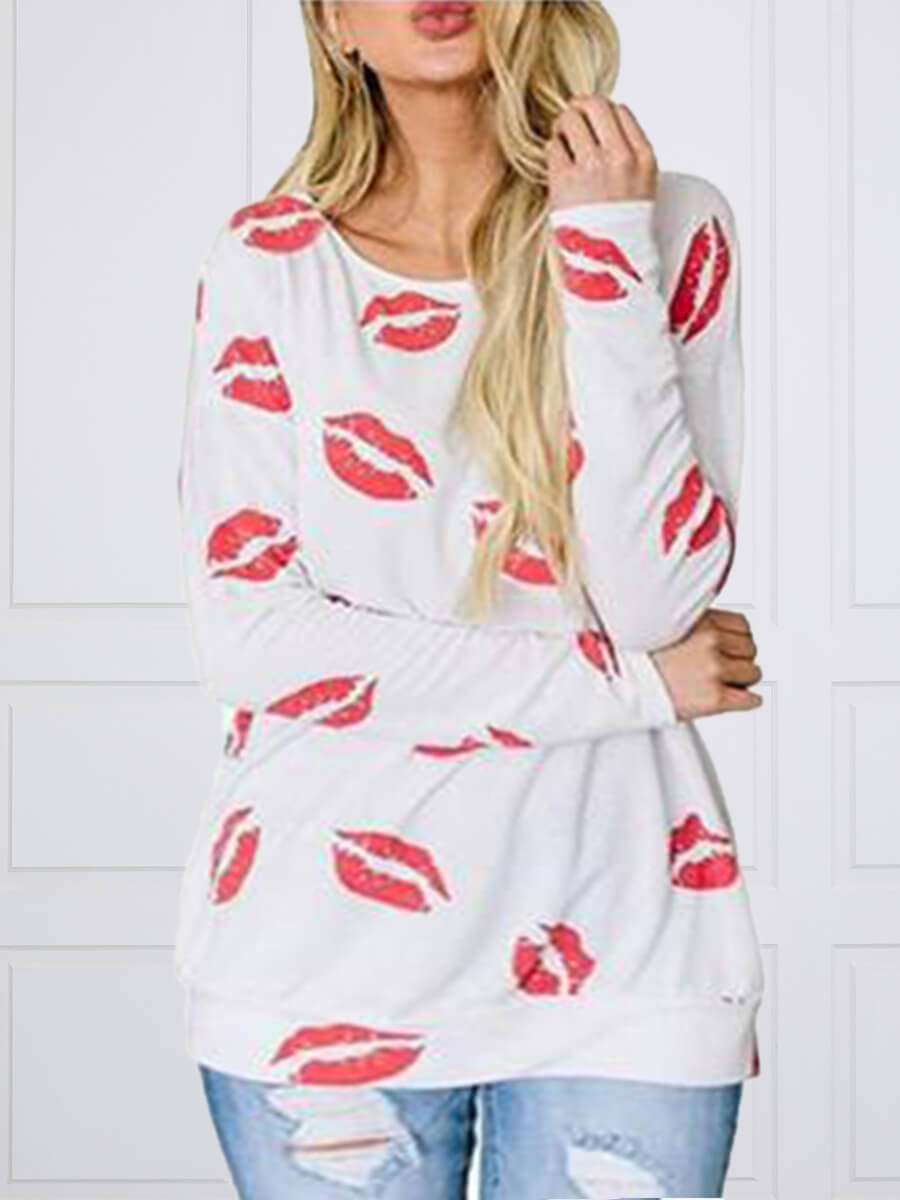 

Lovely Casual O Neck Lip Print White Plus Size Hoodie