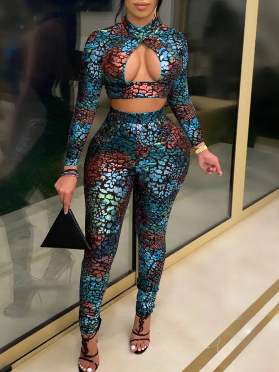 

Lovely Sexy Turtleneck Hollow-out Blue Two Piece Pants Set