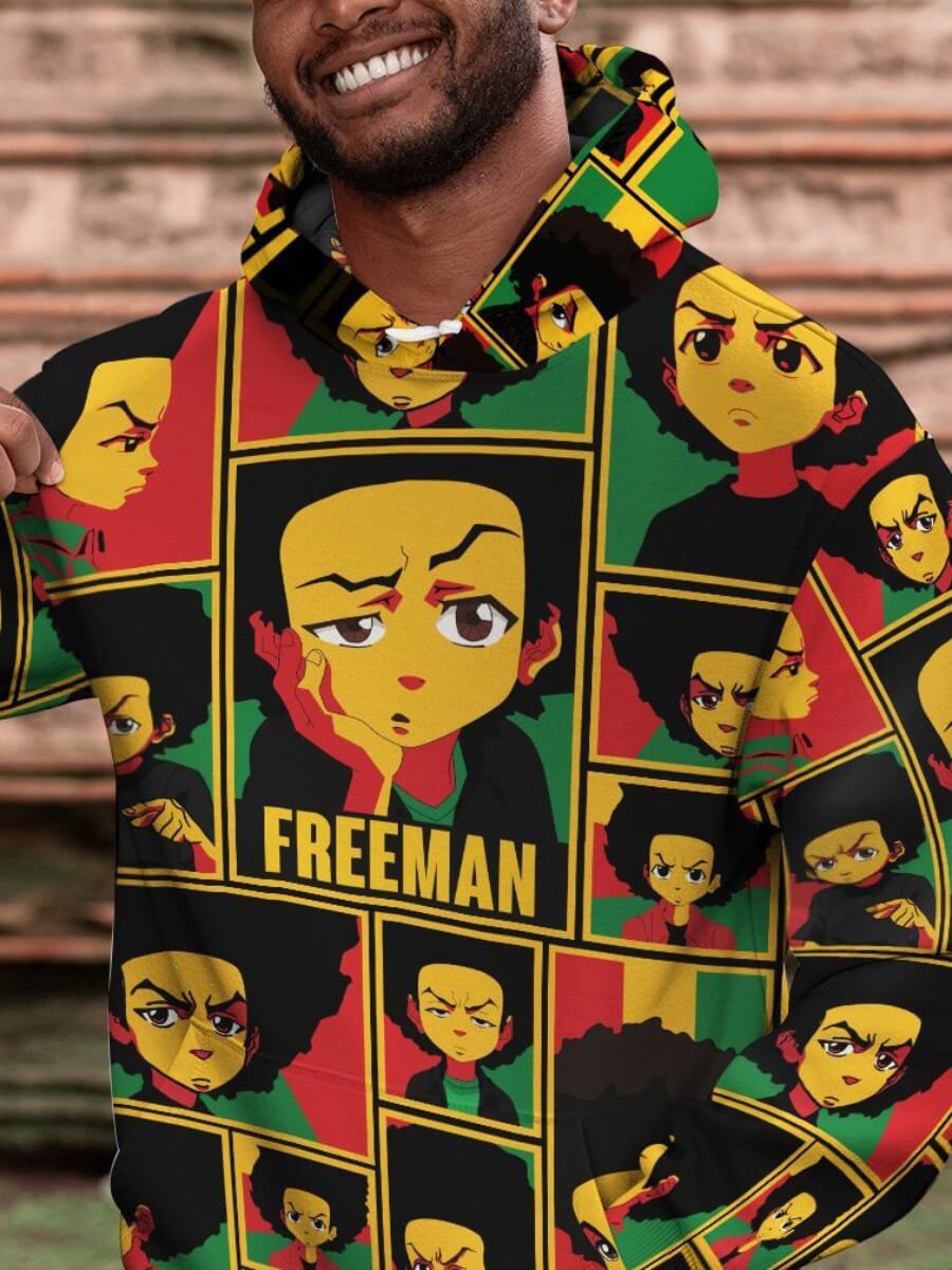 

Lovely Street Hooded Collar Cartoon Print Black Men Hoodie