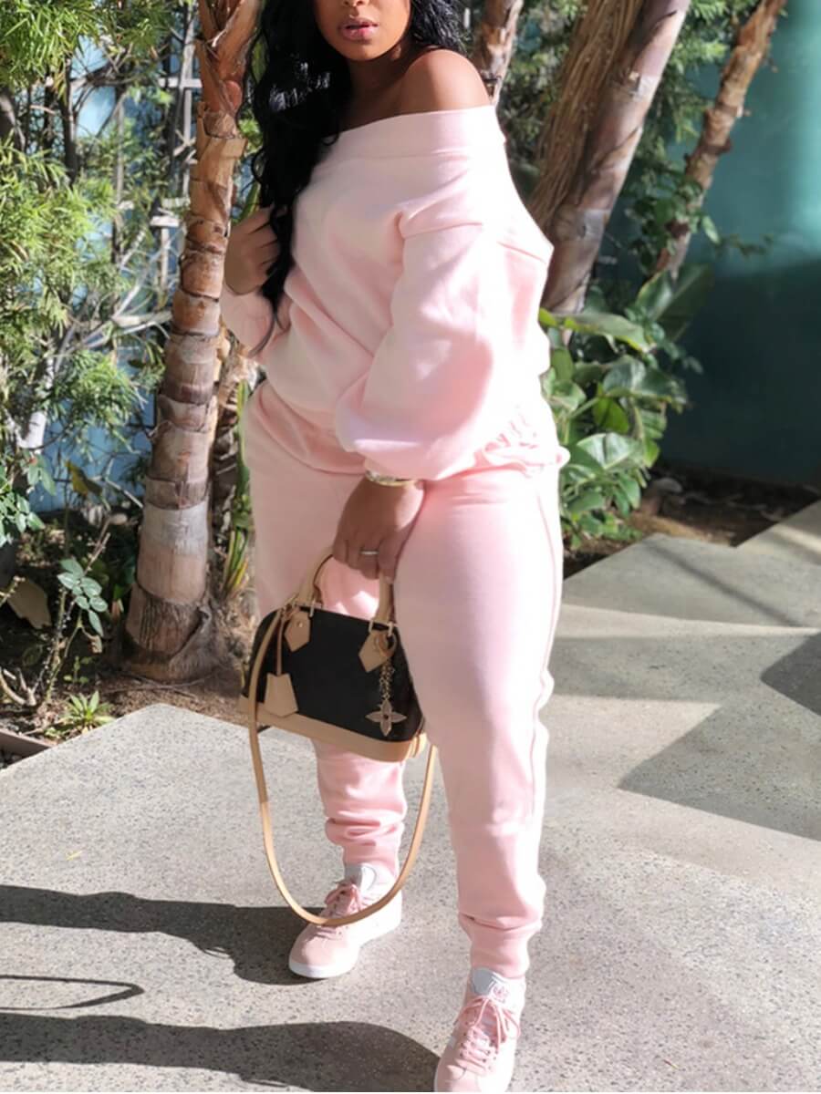 

Lovely Casual Bateau Neck Long Sleeve Loose Pink Plus Size Two-piece Pants Set