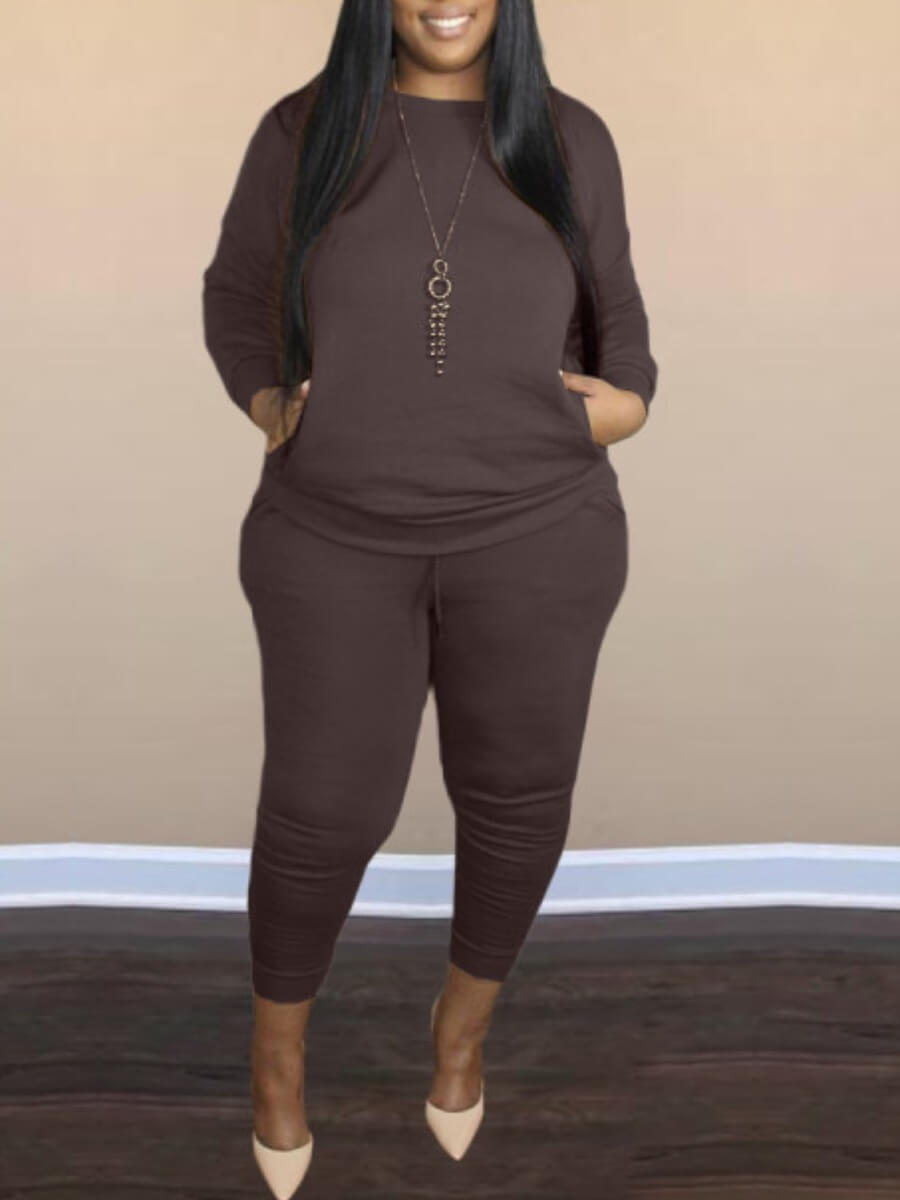

Lovely Casual O Neck Long Sleeve Brown Plus Size Two-piece Pants Set (Without Necklace