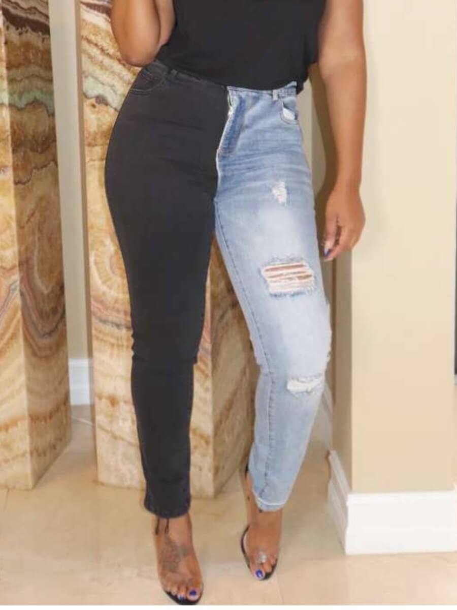 

Lovely Street Patchwork Broken Holes Black Jeans