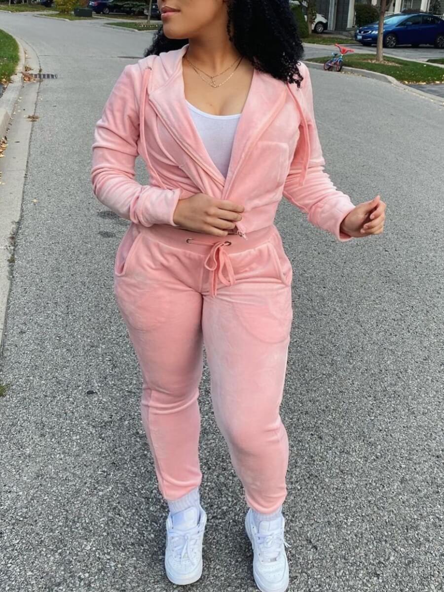 

Lovely Casual Hooded Collar Zipper Design Pink Velvet Two Piece Pants Set