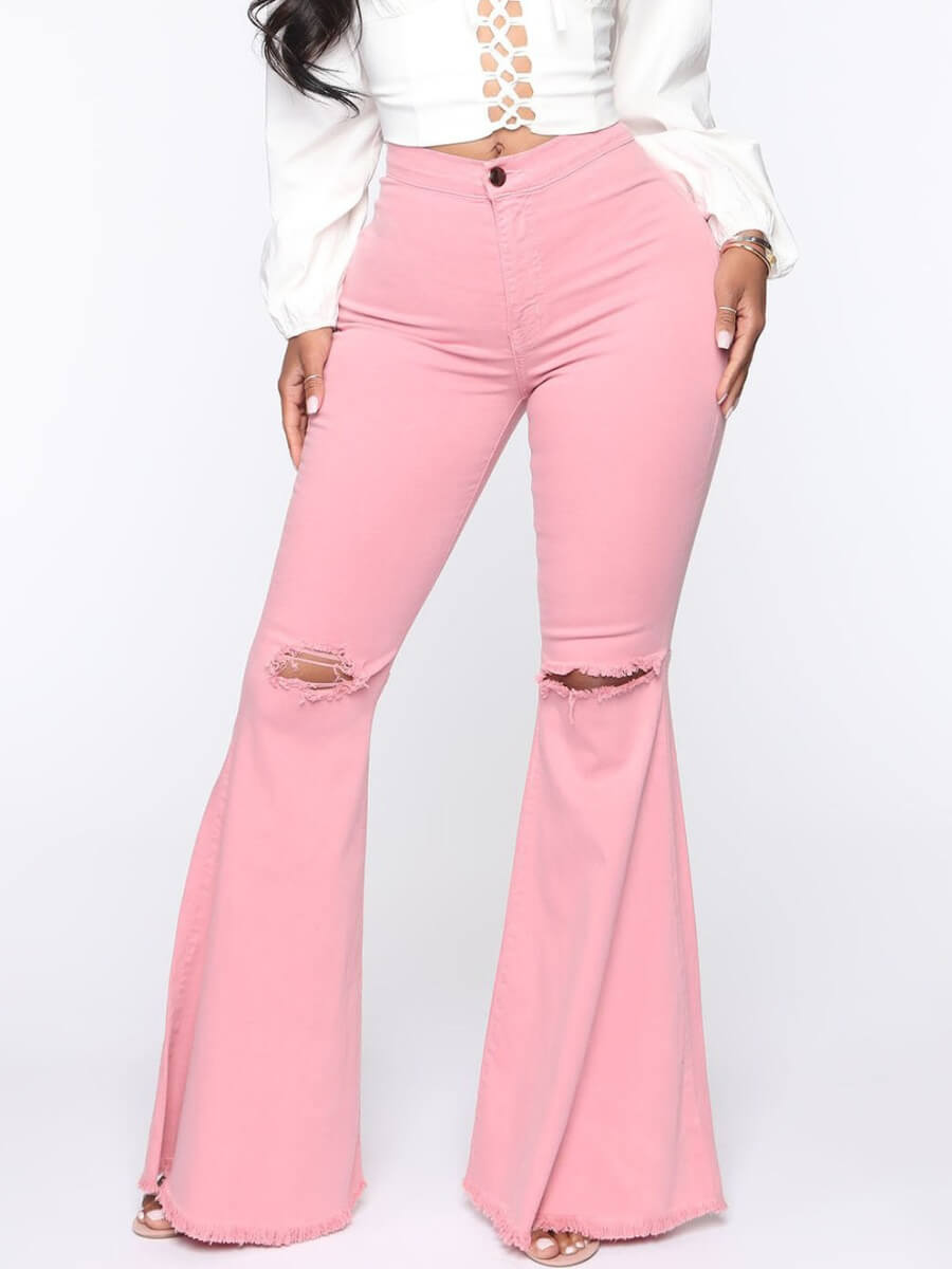 

Lovely Casual Broken Holes Pink Jeans