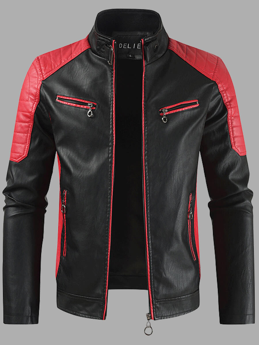

LW Trendy Mandarin Collar Patchwork Red Men Leather