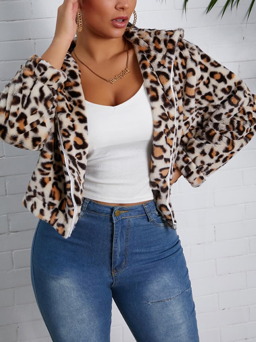 

Lovely Trendy Hooded Collar Leopard Print Faux Fur