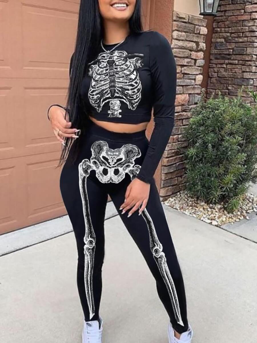 

Lovely Sportswear O Neck Skull Print Skinny Black Two Piece Pants Set
