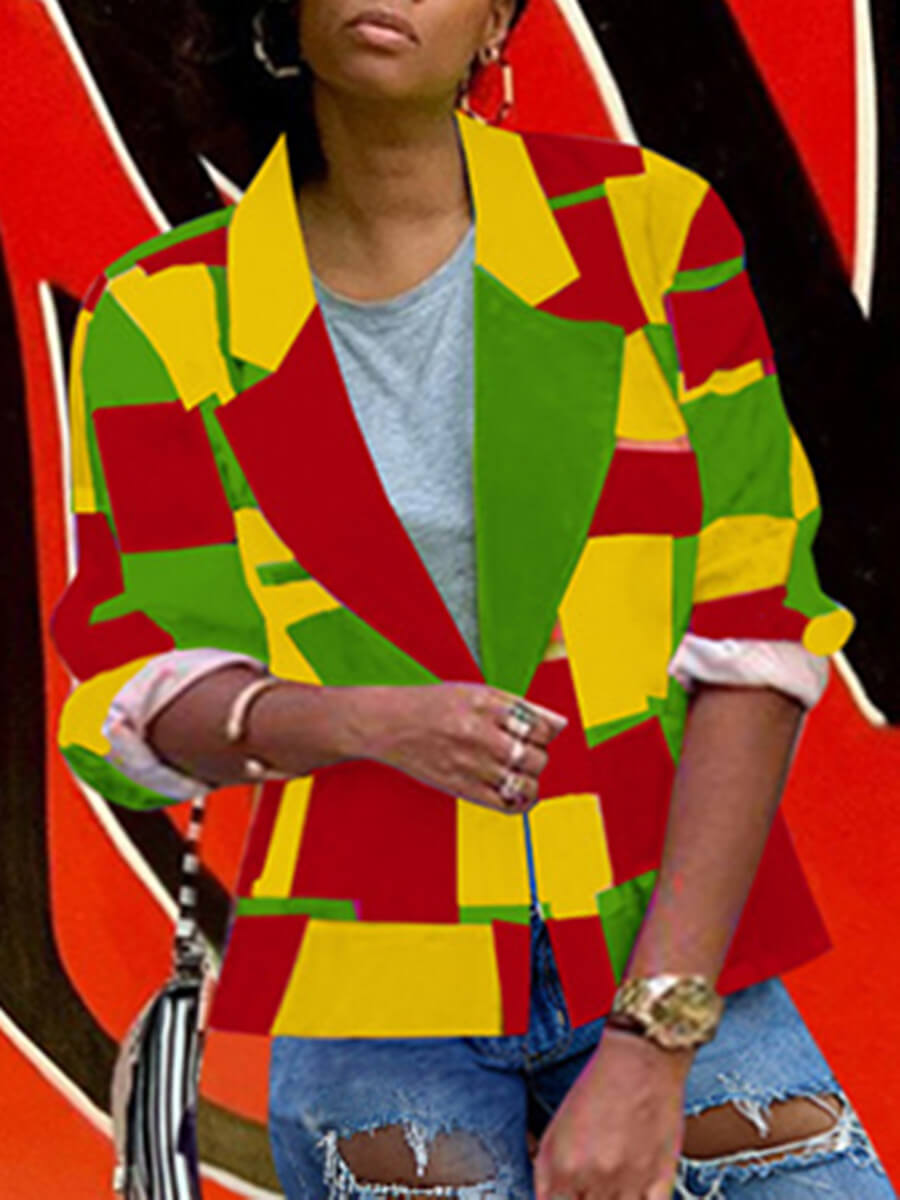 

Lovely Trendy Turndown Collar Print Multicolor Blazer, Multi