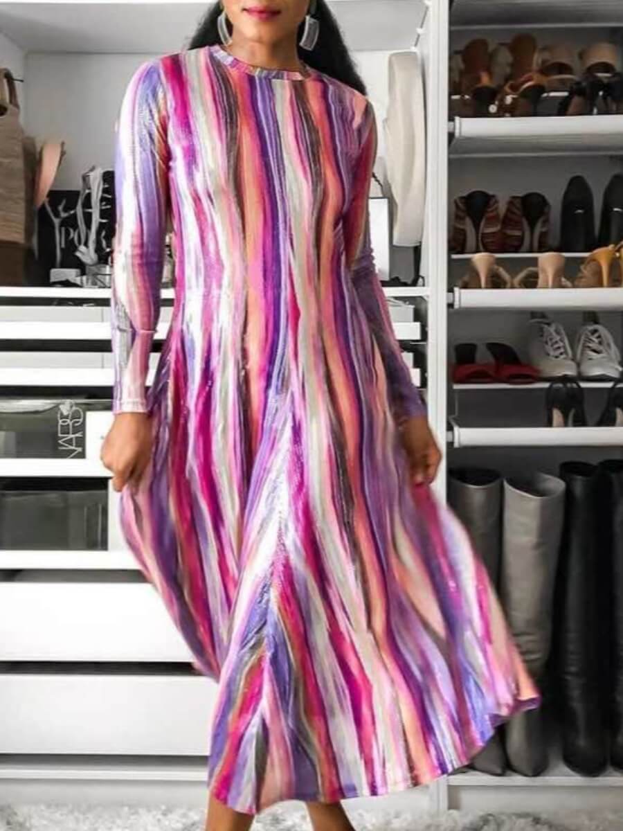 

Lovely Trendy O Neck Tie-dye Purple Mid Calf Dress