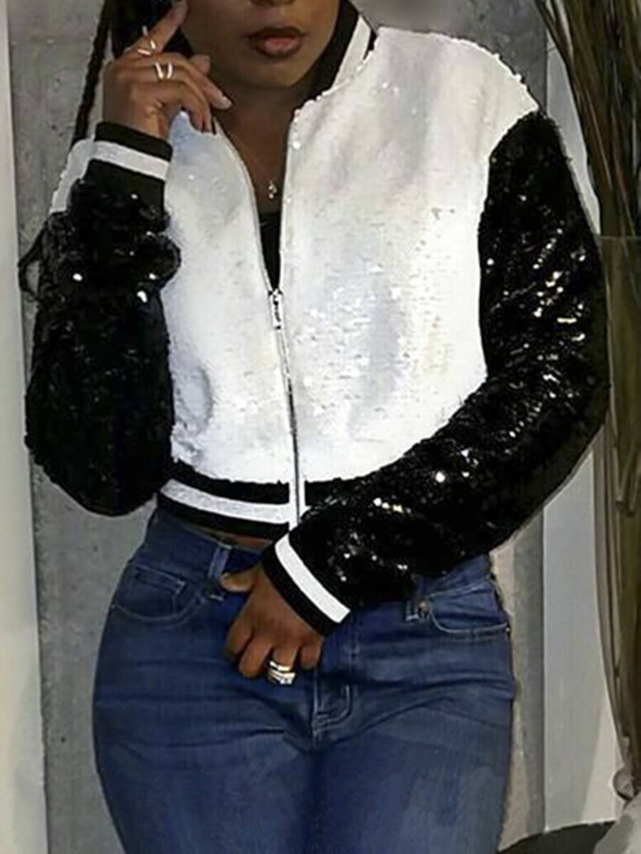 

Lovely Stylish Patchwork Sequined White Coat