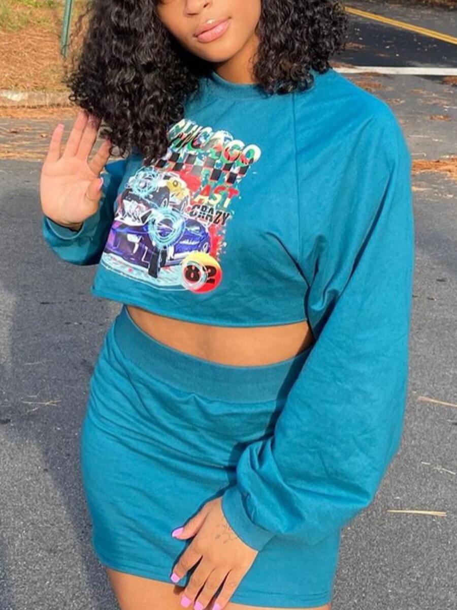 

Lovely Casual O Neck Print Blue Two Piece Skirt Set