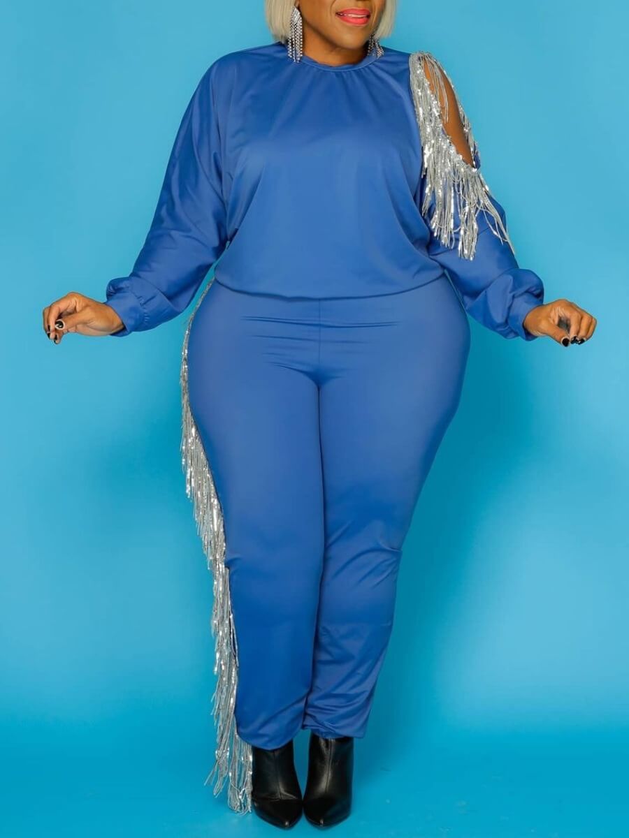

Lovely Sportswear O Neck Tassel Design Hollow-out Blue Plus Size Two-piece Pants Set