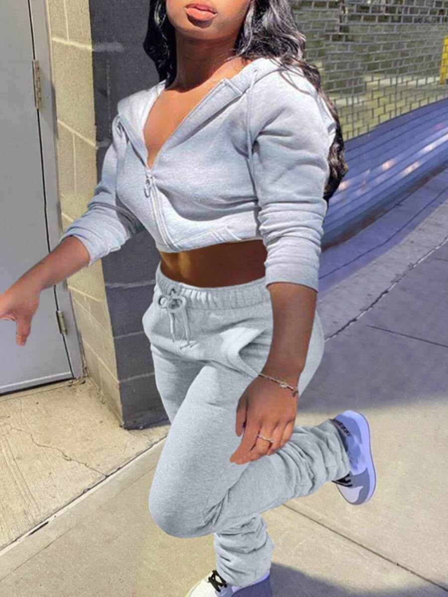 

Lovely Sportswear Hooded Collar Zipper Design Grey Two Piece Pants Set