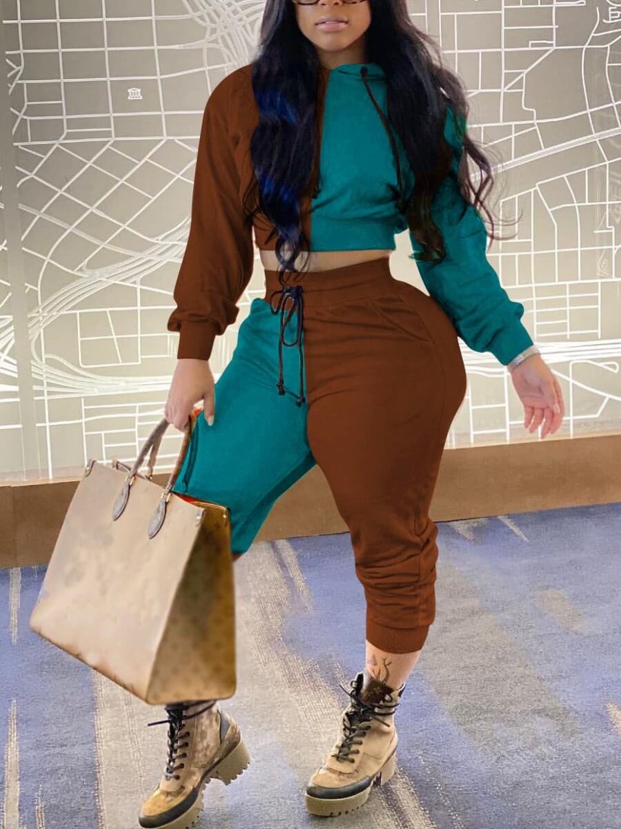 

Lovely Trendy Hooded Collar Patchwork Green Two Piece Pants Set