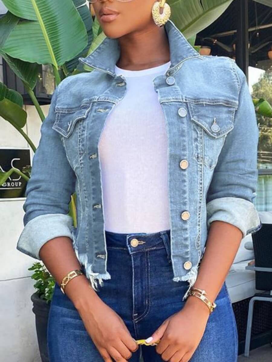 

Lovely Casual Turndown Collar Buttons Design Baby Blue Denim Jacket