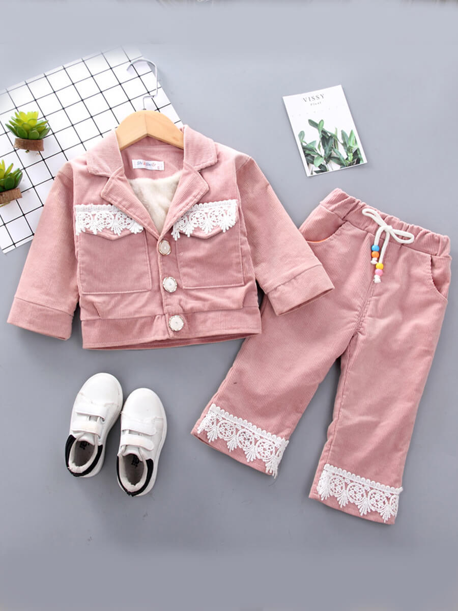 

Lovely Trendy Shirt Collar Lace Patchwork Pink Girl Two-piece Pants Set