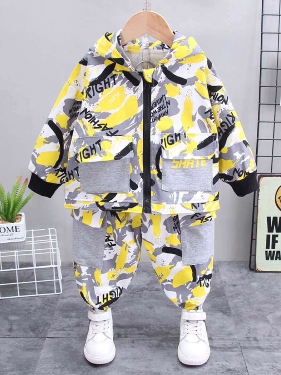 

Lovely Trendy Hooded Collar Camo Print Zipper Design Yellow Boy Two-piece Pants Set, Yellow camouflage