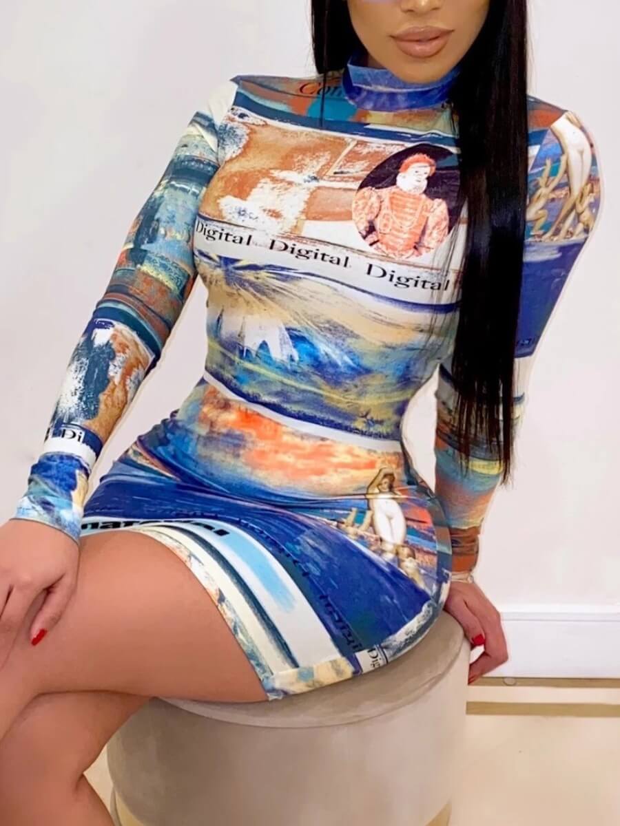 

Lovely Trendy Turtleneck Print Blue Mini Dress