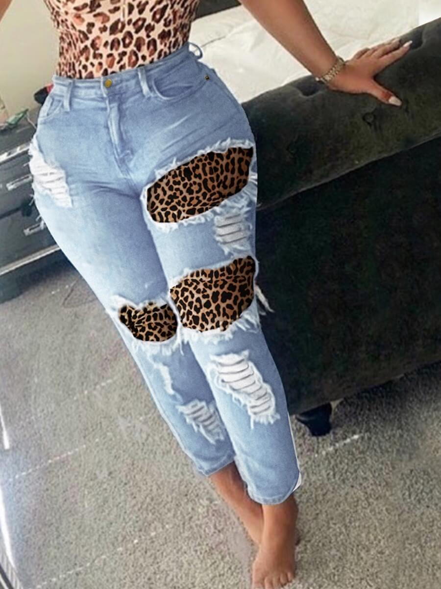 

Lovely Street Leopard Print Patchwork Baby Blue Jeans