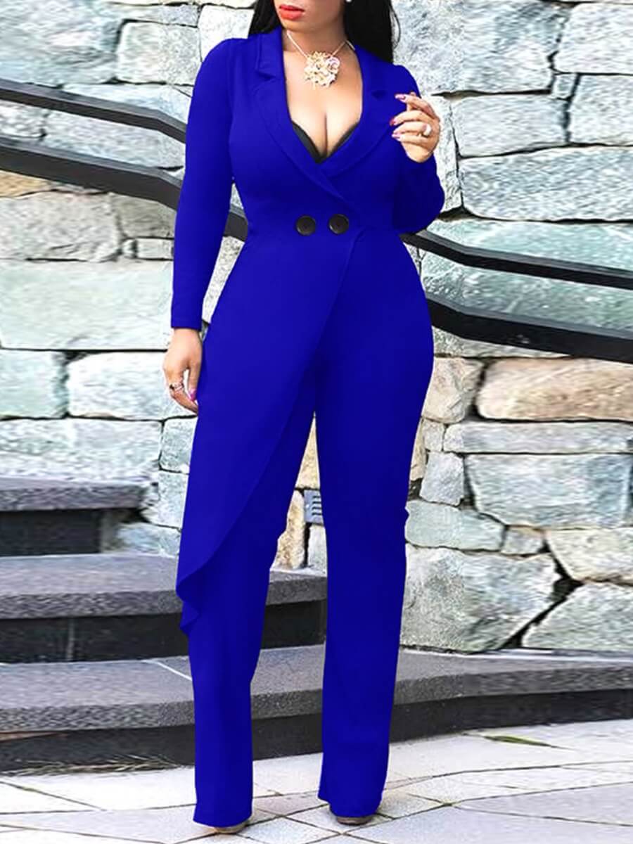 

Lovely Trendy Turndown Collar Button Design Blue One-piece Jumpsuit