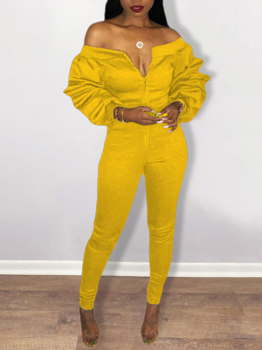 

Lovely Trendy Dew Shoulder Fold Design Yellow One-piece Jumpsuit