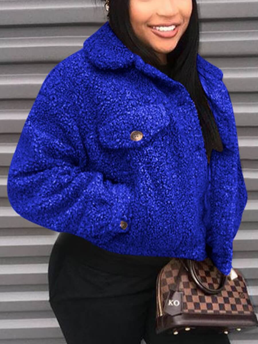 

Lovely Casual Turndown Collar Pocket Patched Royalblue Faux Fur