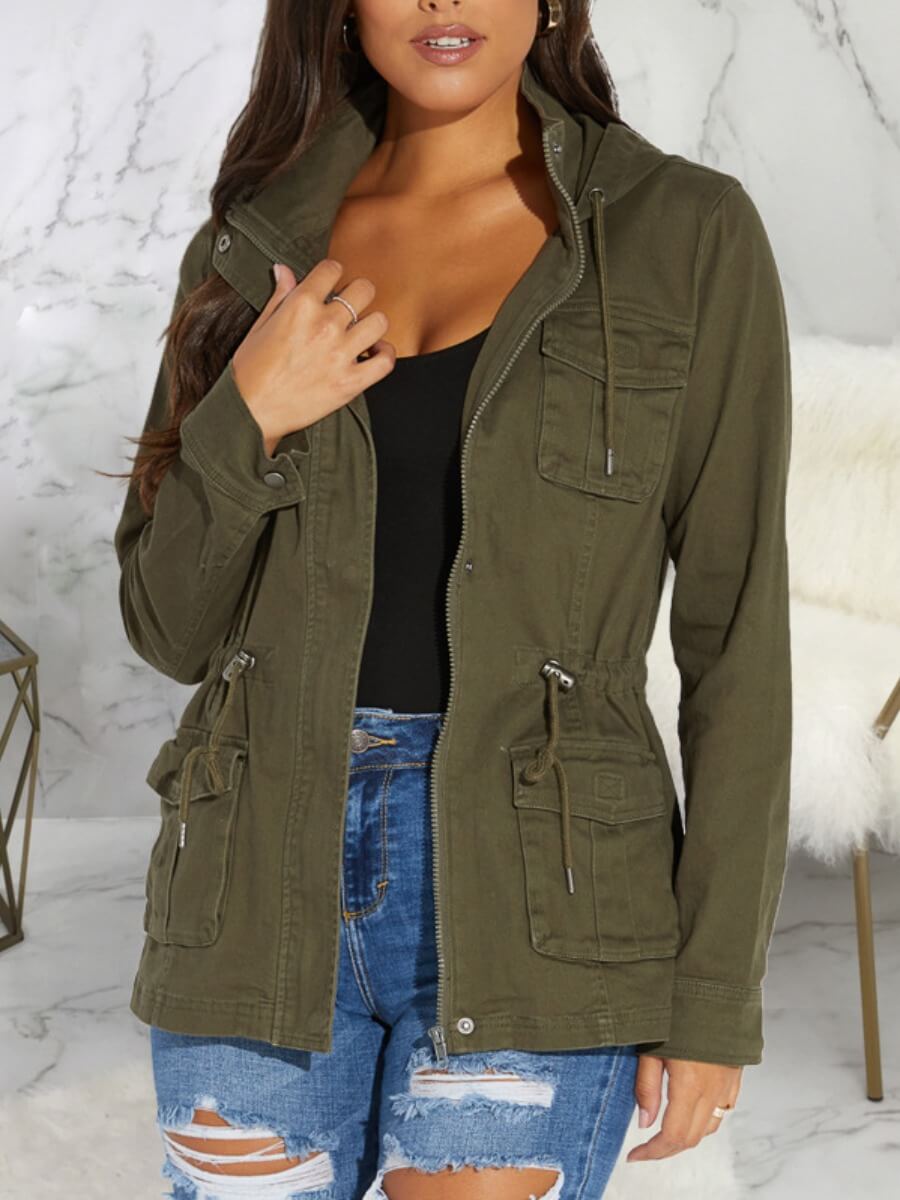 

Lovely Casual Hooded Collar Drawstring Green Coat