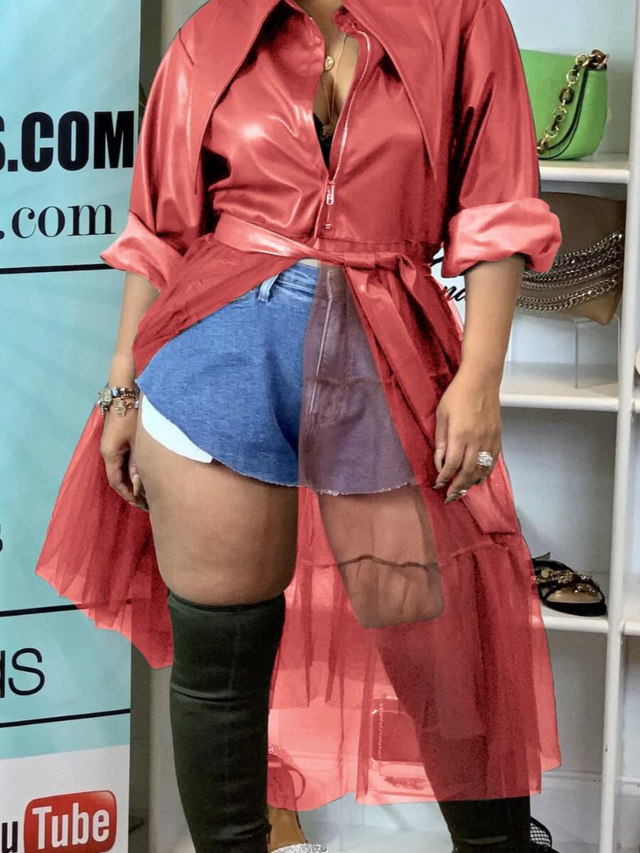 

Lovely Street Turndown Collar Patchwork See-through Red Trench Coat