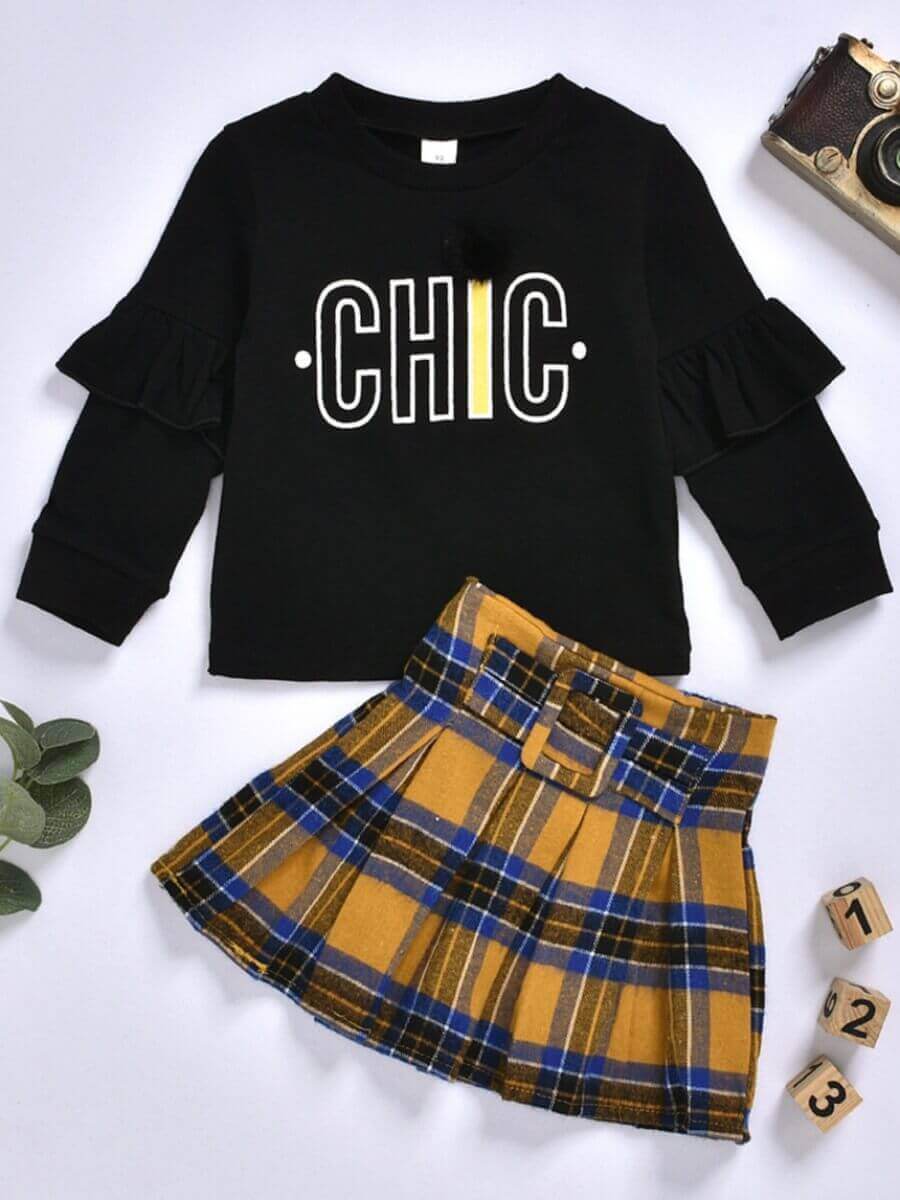 

Lovely Girl Sweet O Neck Letter Print Black Two-piece Skirt Set