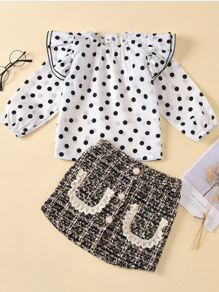 

Lovely Sweet O Neck Dot Print White Girl Two-piece Skirt Set