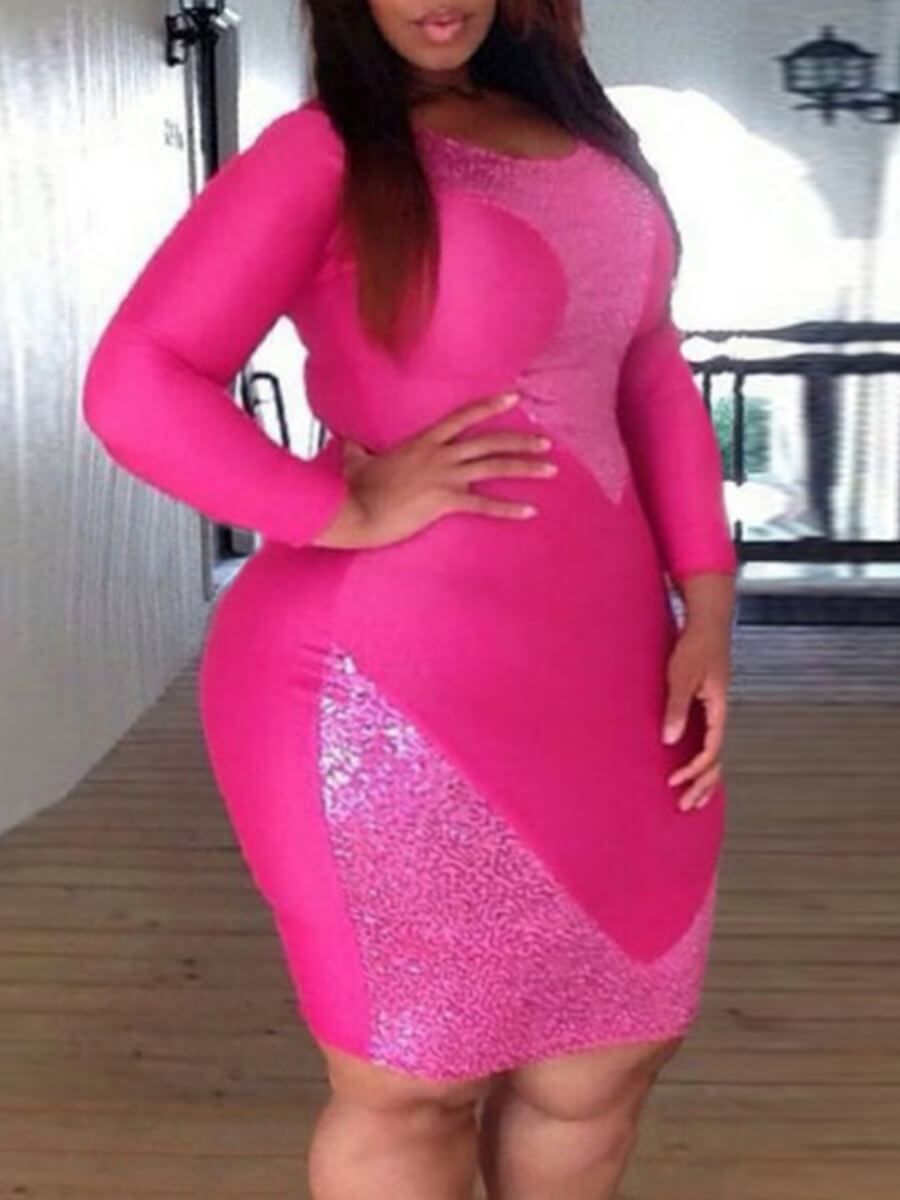 

Lovely Trendy O Neck Patchwork Pink Knee Length Plus Size Dress