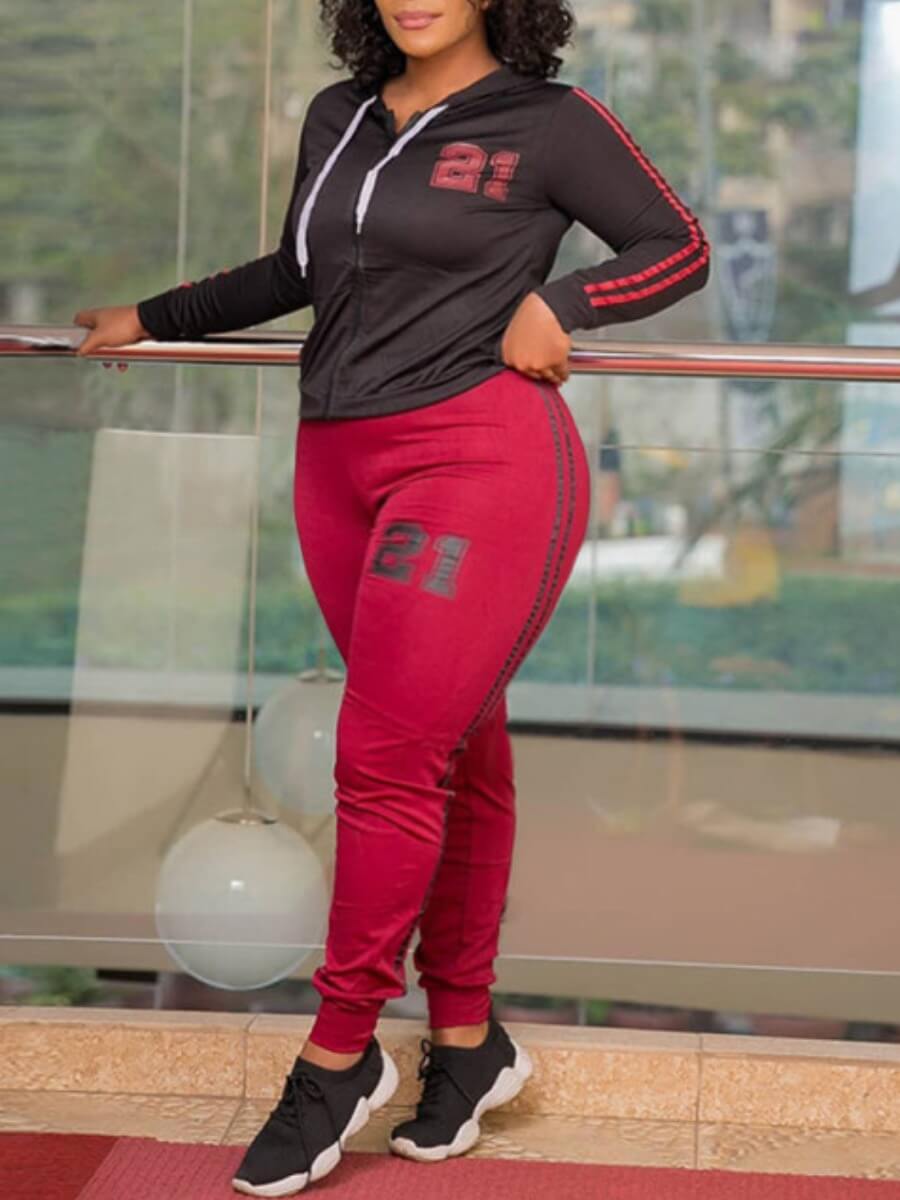 

Lovely Sportswear Hooded Collar Print Black Plus Size Two-piece Pants Set