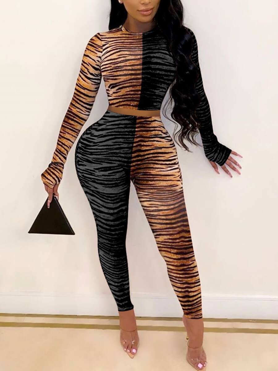 

LW Zebra Pattern Print Patchwork Pants Set, Zebra stripe