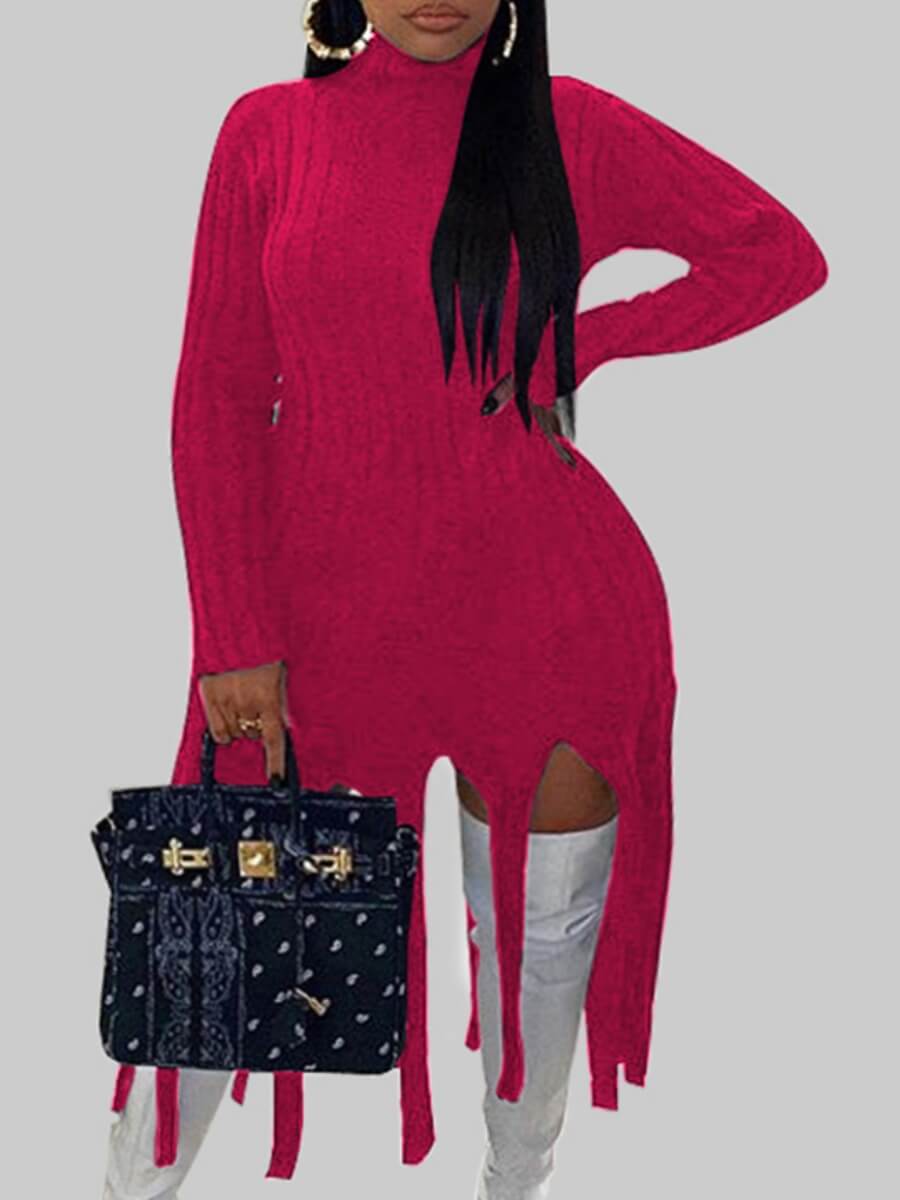 

Lovely Plus Size Casual Turtleneck Tassel Design Rose Red Knee Length Dress