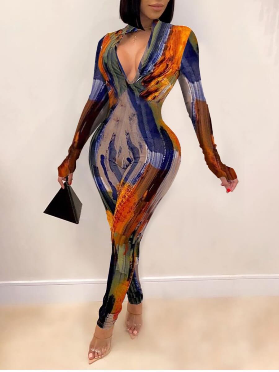 

Lovely Casual Deep V Neck Tie Dye Skinny Deep Blue One-piece Jumpsuit
