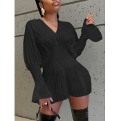 Lovely Stylish V Neck Fold Design Black Mini Dress