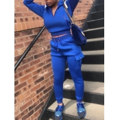 Lovely Casual Turndown Collar Pocket Patched Blue 