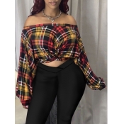 Lovely Trendy Dew Shoulder Grid Print Red Hoodie